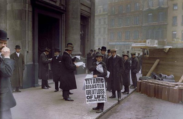 Newsboy after the Titanic disaster in London, 1912.